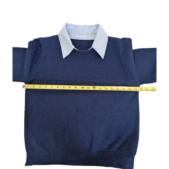 Layered Collar Sweater Dark Academia Preppy Old Money Knit Pullover Blue - Picture 5 of 6